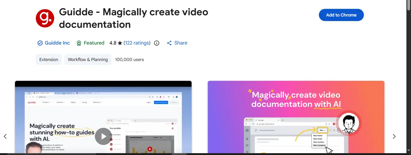Guidde video recording interface showing step-by-step workflow capture with AI narration and automatic editing