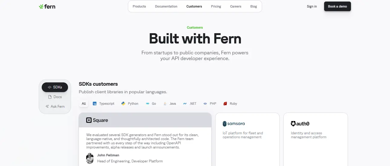 Fern dashboard showing automated SDK generation from OpenAPI specification with multi-language support