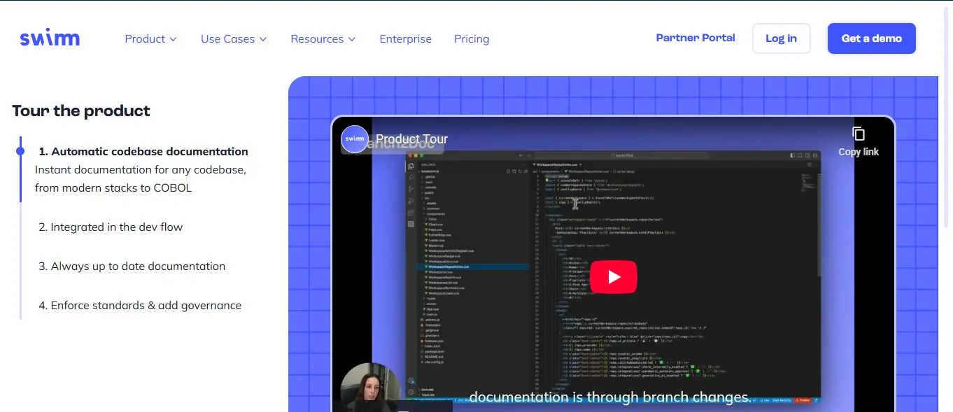 Swimm interface showing code-coupled documentation with live snippet tracking and automatic drift detection