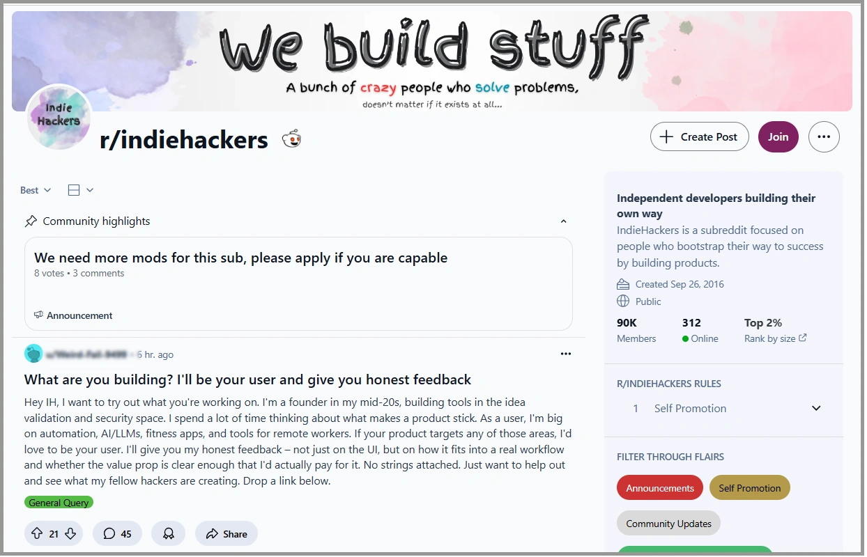 r/indiehackers is one of the best subreddits for b2b saas startups