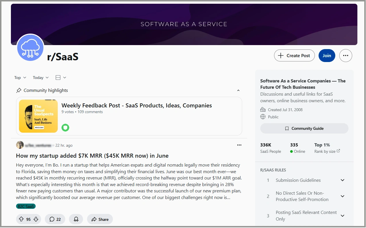 r/saas is one of the best subreddits for b2b saas startups