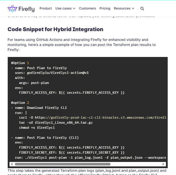 Snapshot of Firefly's code snippet for hybrid integration