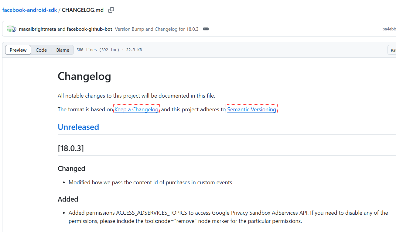 changelog vs release notes - facebook sdk