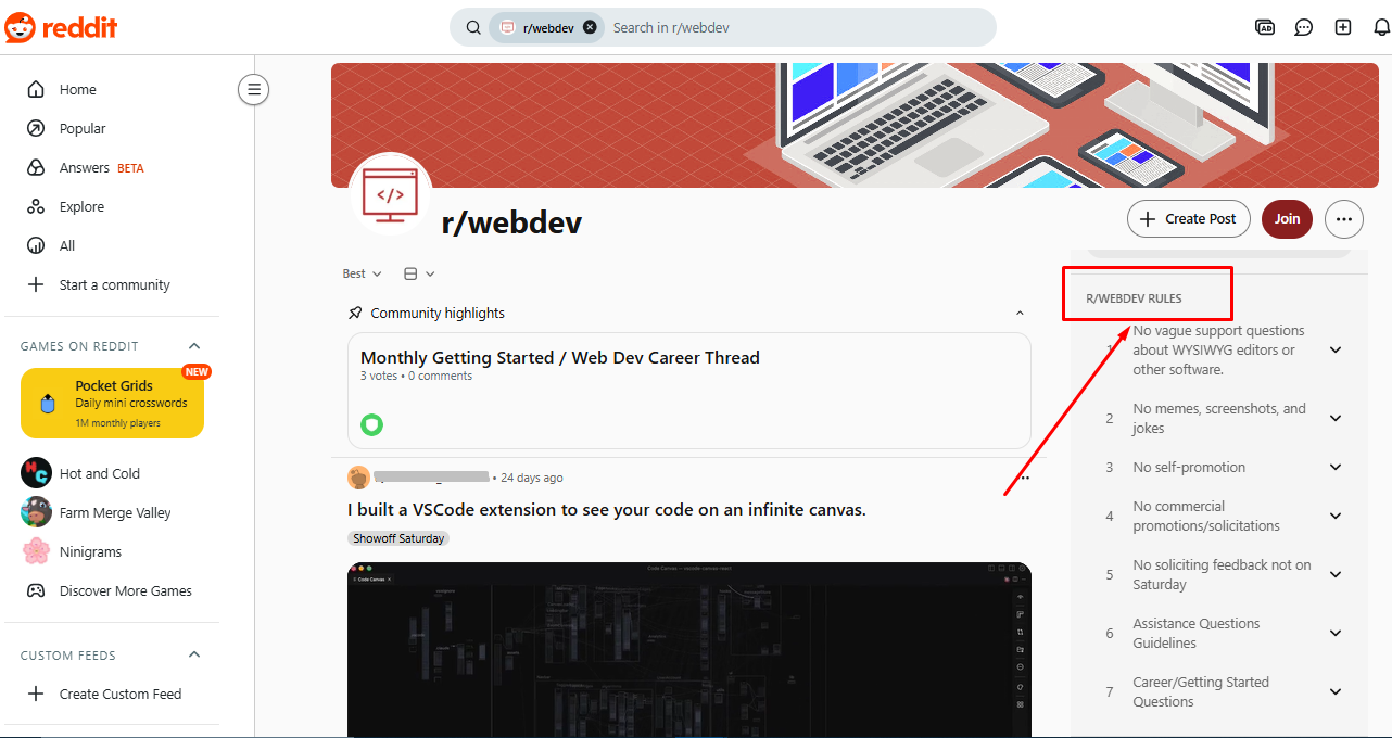 Guidelines of a subreddit highlighted