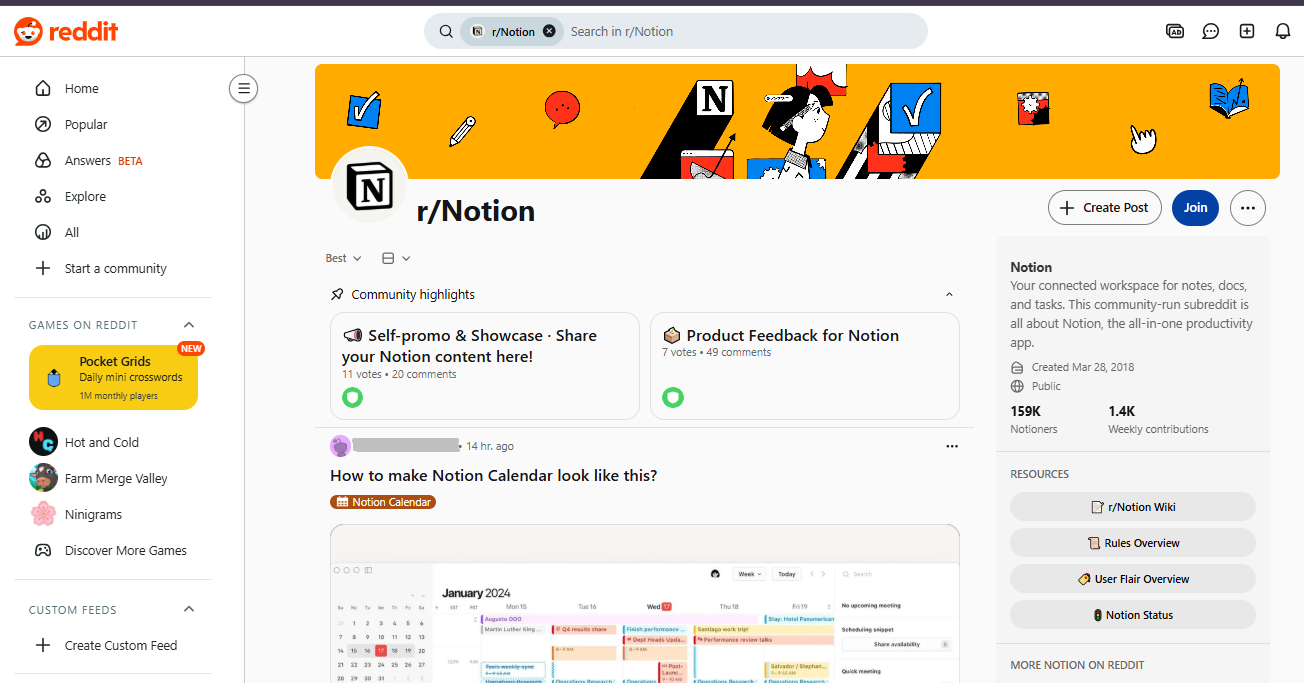 Notion's official subreddit's page