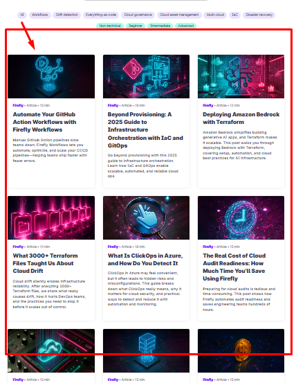 dev-focused content, such as “Lessons from 3,000+ Terraform Files on Cloud Drift”, or “The Real Cost of Cloud Audit Readiness: How Much Time You’ll Save Using Firefly” on Firefly academy