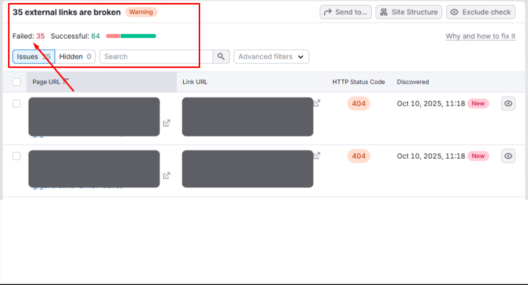 Snapshot of broken url links of a domain in SemRush