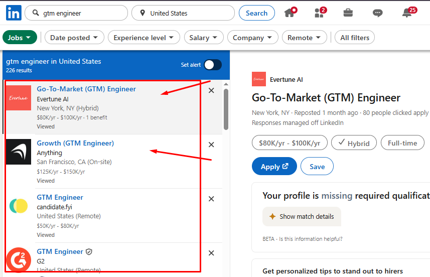 Screenshot of LinkedIn job search results for GTM Engineer roles, showing multiple open positions with salary ranges between $80K and $150K, illustrating growing demand for GTM engineers