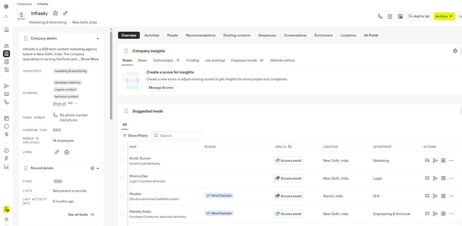 Snapshot of Infrasity's dashboard on Apollo showing how GTM engineers manage automated outbound campaigns, prospect lists, and engagement tracking to generate new business opportunities