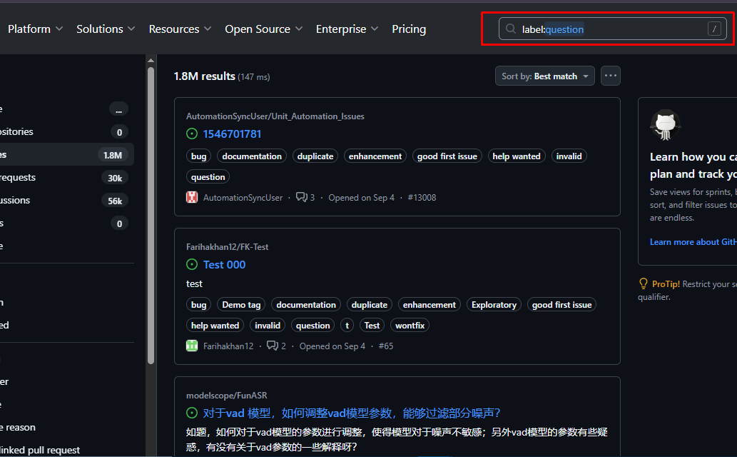 Snapshot of GitHub issues to find common questions