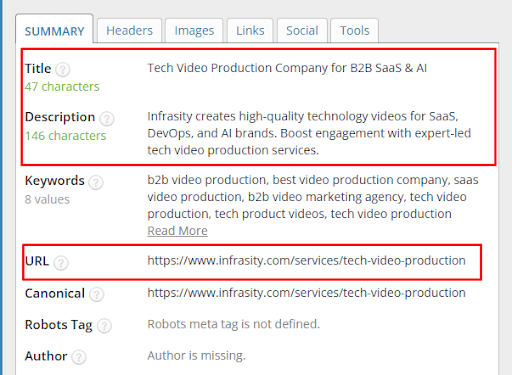 SEO summary preview showing title, description, and URL for a Infrasity's tech video production's webpage, highlighting metadata detail,  and url link.