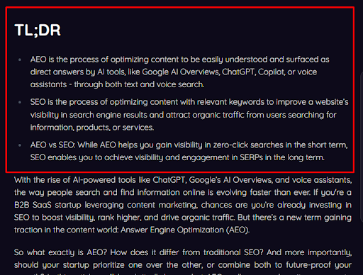 Screenshot of TL;DR section explaining AEO and SEO differences, including definitions, benefits, and how AI tools like ChatGPT and Google AI Overviews impact search visibility.