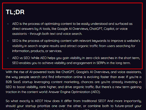 Screenshot of TL;DR section explaining AEO and SEO differences, including definitions, benefits, and how AI tools like ChatGPT and Google AI Overviews impact search visibility.
