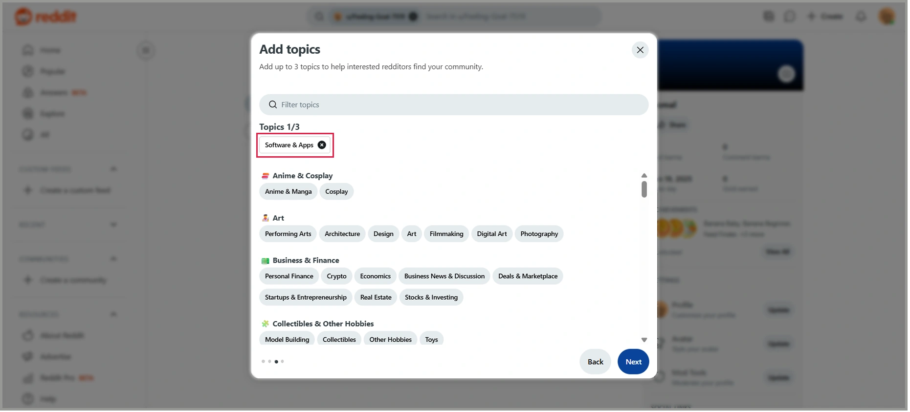 how to create a reddit account - add topics