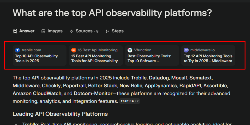 Snapshot of Perplexity.ai search results listing vendors with links directly to their docs.