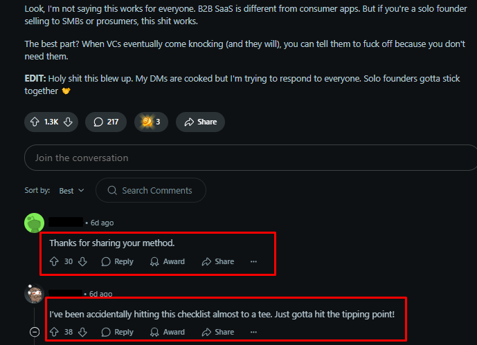 Screenshot of Reddit displaying a thoughtful responses in a thread