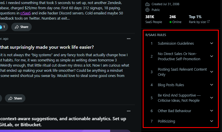 Screenshot of community rules of r/SaaS displaying the rules of this subreddits to be followed.