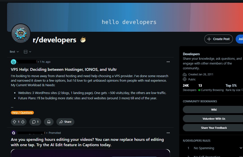 Screenshot of r/developers page on Reddit