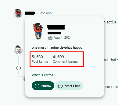 Screenshot of Post karma point and comment karma points of a user after karma farming on Reddit