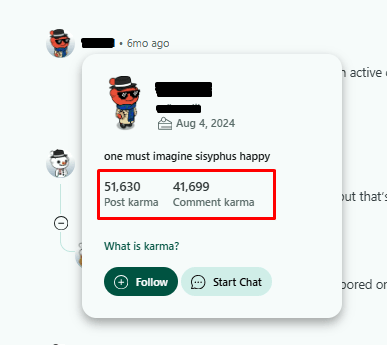 Screenshot of Post karma point and comment karma points of a user after karma farming on Reddit