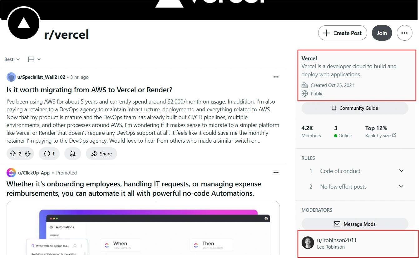 analyze vercel official account for conducting competitor analysis as a part of your reddit marketing strategy