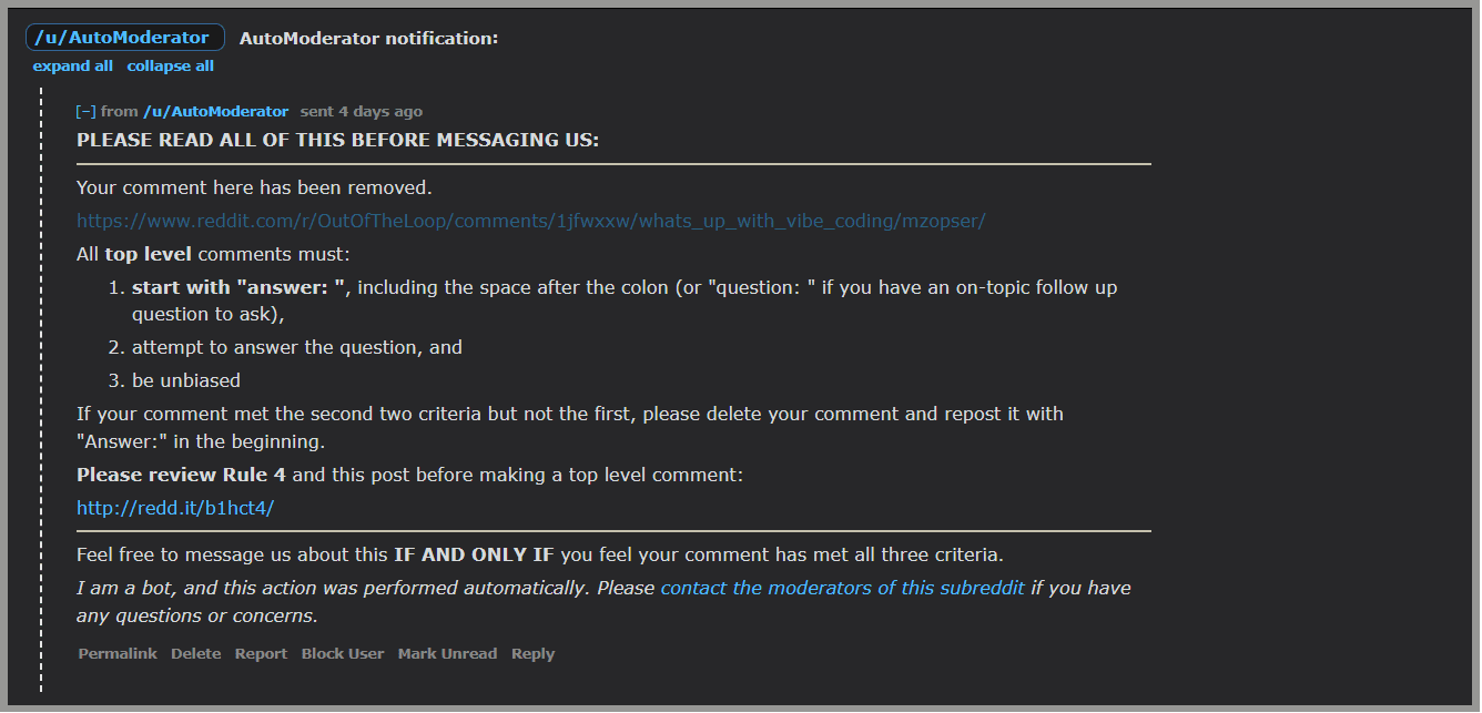 automoderator notification of deleting comment when performing reddit marketing