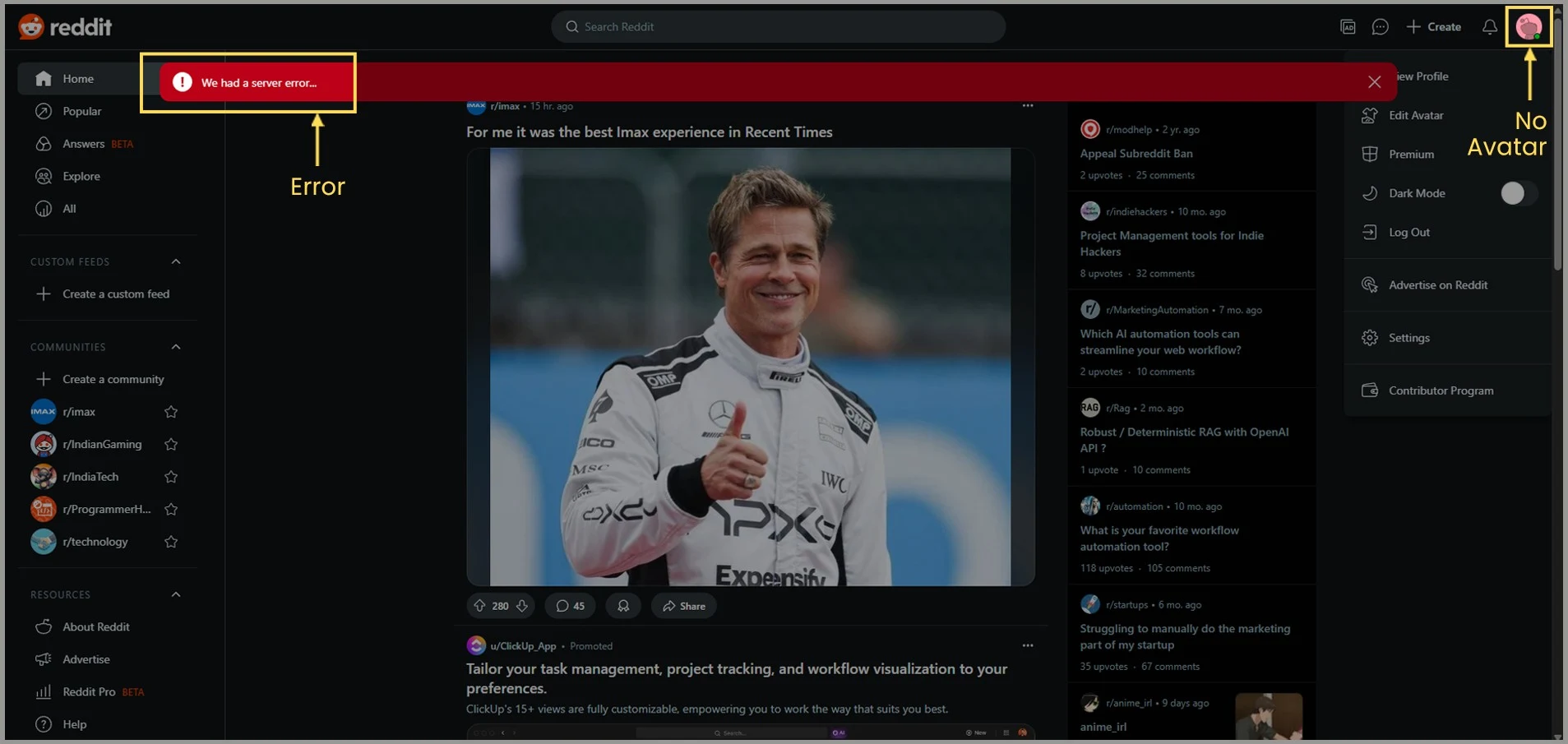 in failed reddit marketing, you cannot see your avatar and get error message when you get shadowbanned
