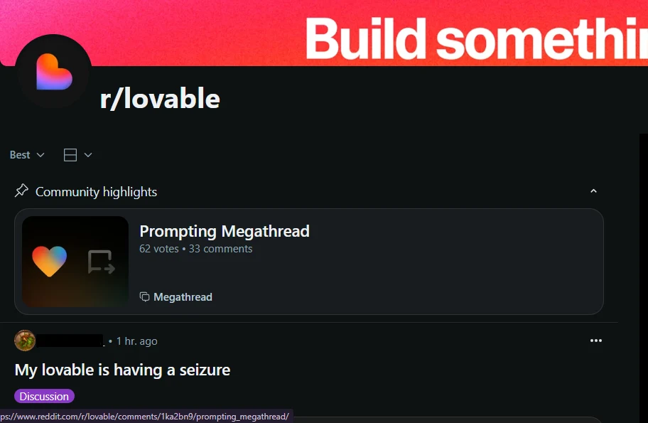 screenshot of r/Lovable page on Reddit