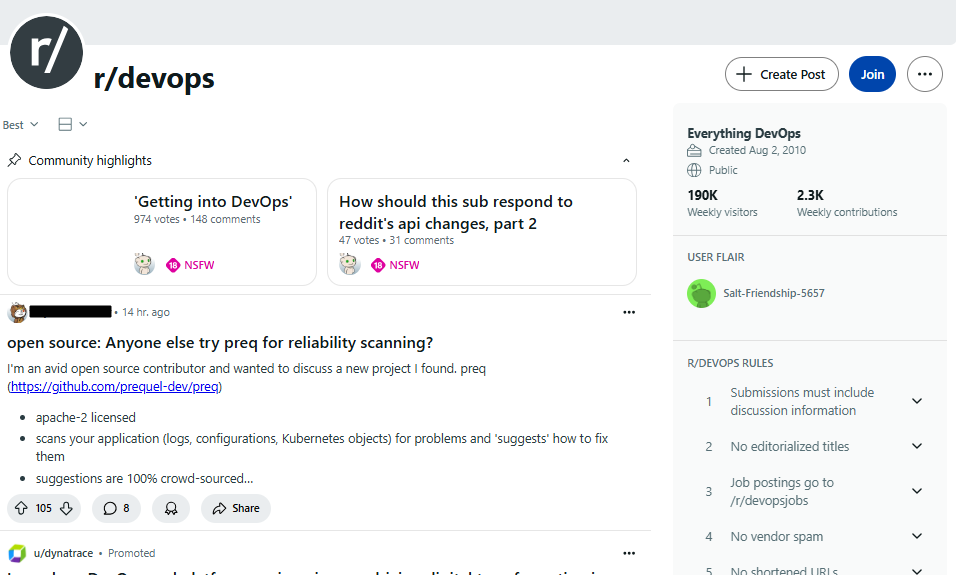 Screenshot of the r/devops subreddit on Reddit, featuring a post about an open-source tool named "preq" for scanning application configurations and Kubernetes objects, with details about its features and GitHub link.