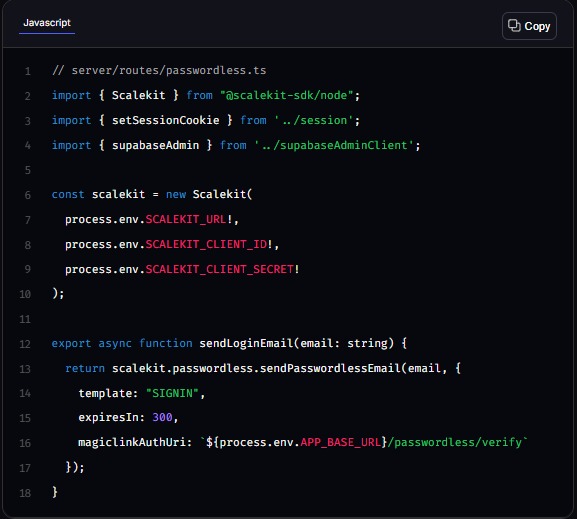 Snapshot shows a JavaScript code snippet for implementing passwordless login with one of Infrasity’s customers