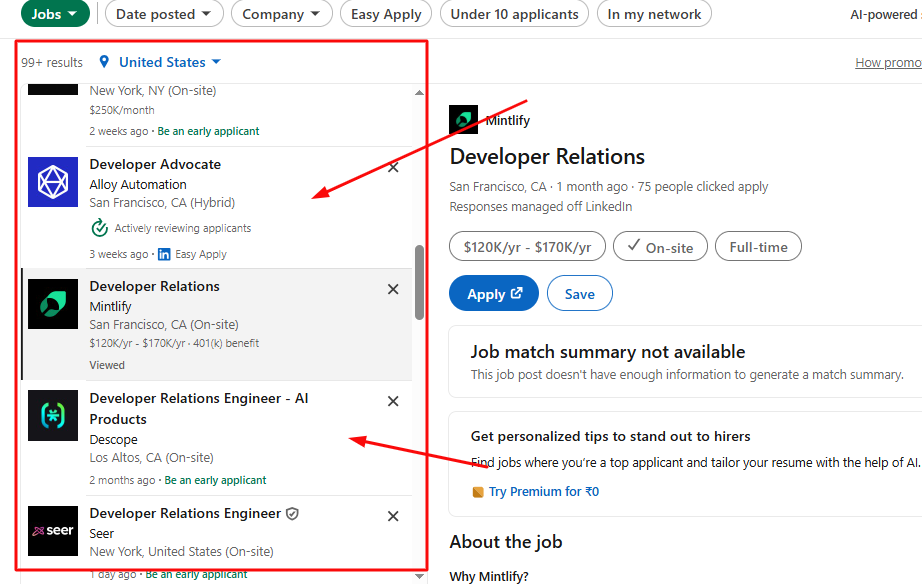 Snapshot of developer relations  jobs in LinkedIn