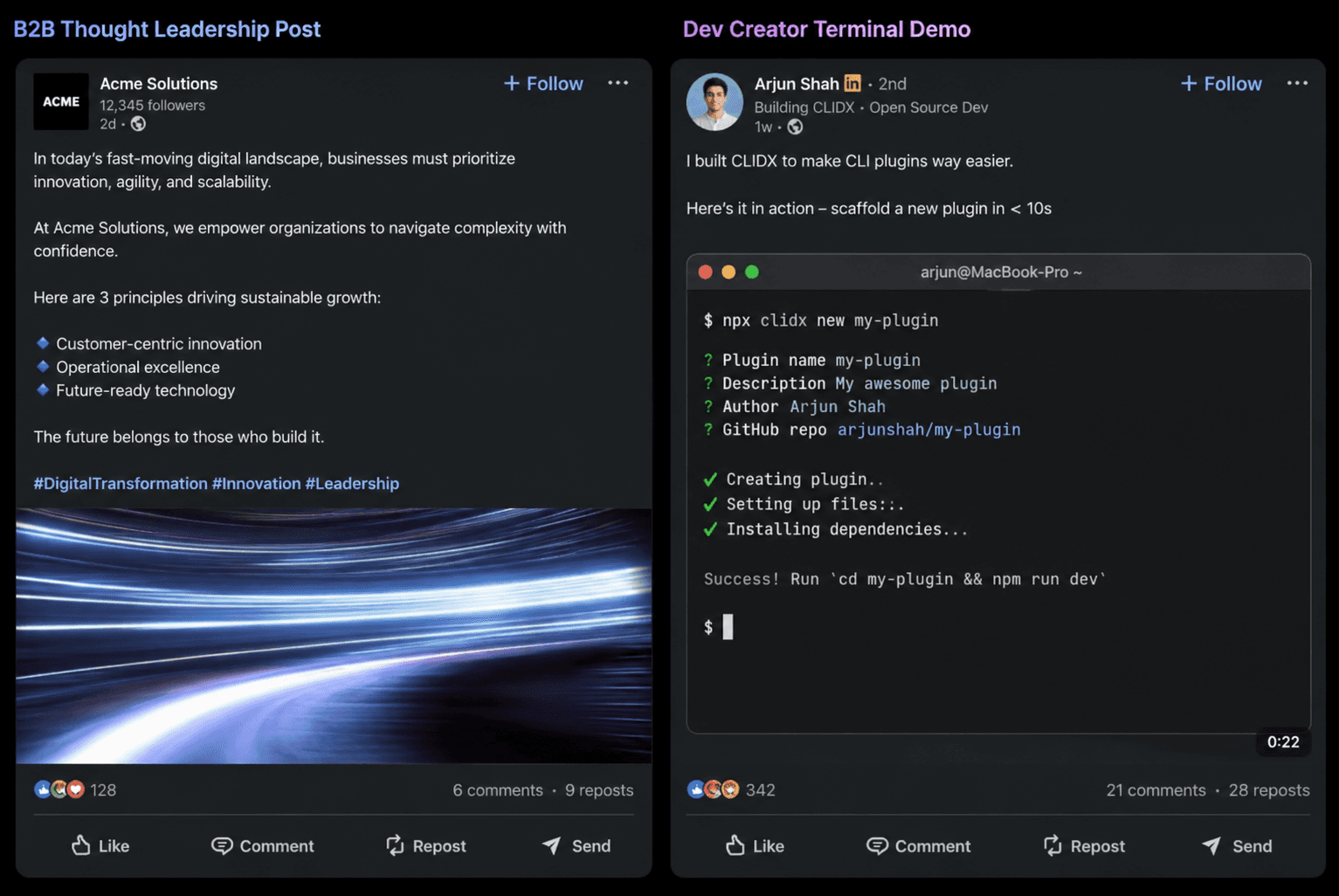 A B2B thought-leadership LinkedIn post next to a dev creator's terminal demo post, showing the difference between borrowed credibility and demonstrated proof