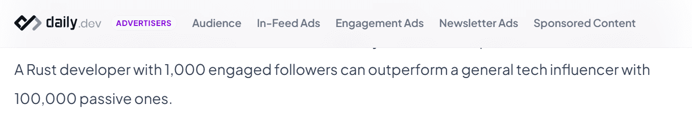 daily.dev's advertiser page stating a Rust developer with 1,000 engaged followers can outperform a general tech influencer with 100,000 passive ones