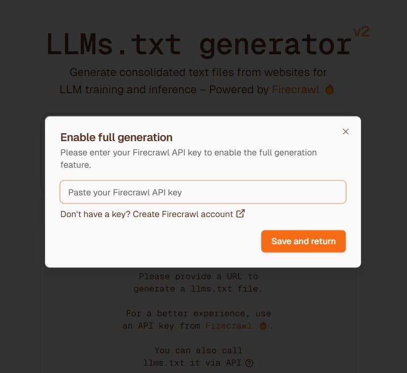 paste firecrawl.dev api key to create llms.txt file