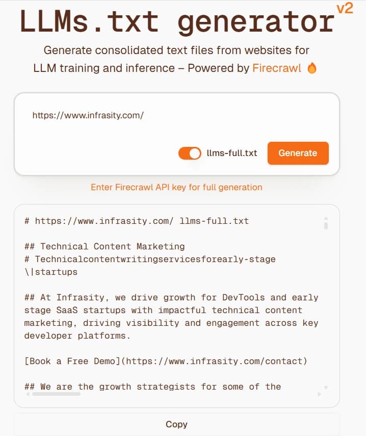 llms.txt file is generated and ready to be copy pasted