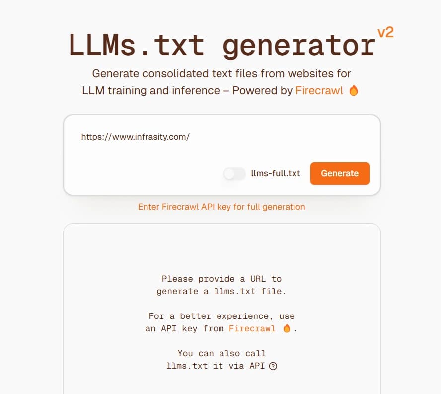 enter your website url in firecrawl.dev to generate llms.txt