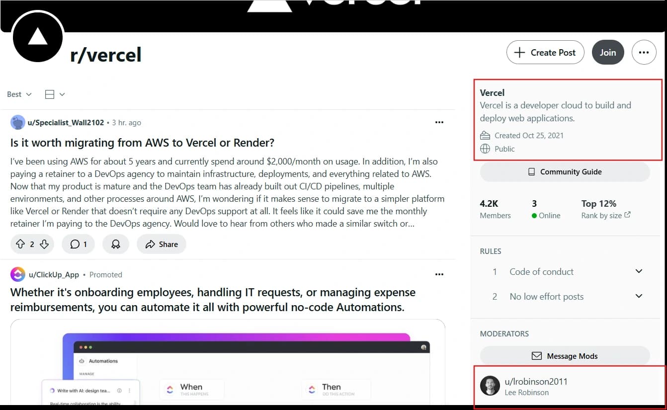 analyze vercel official account for conducting competitor analysis as a part of your reddit marketing strategy