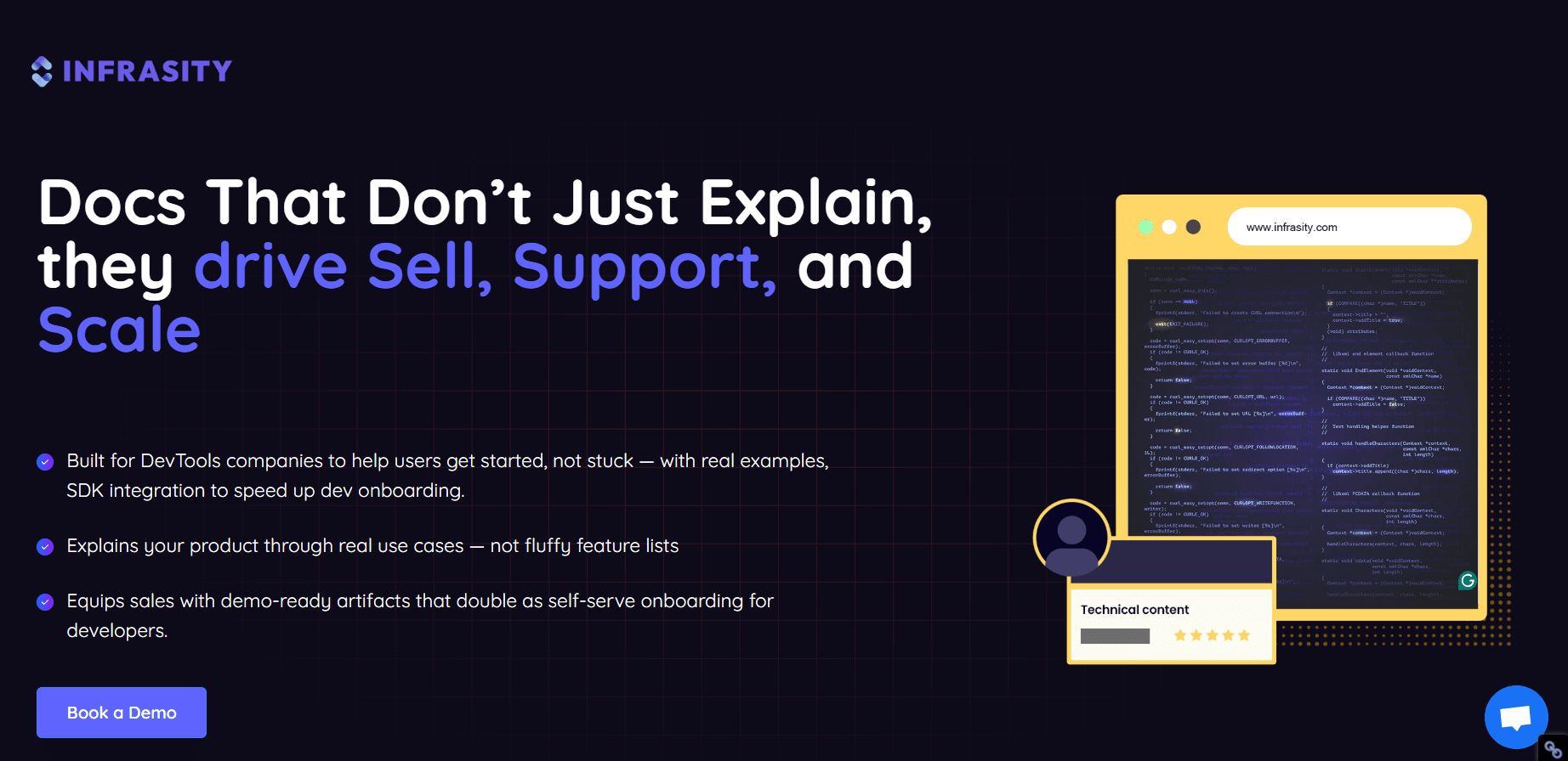 Screenshot of Infrasity's SEM landing page, showing a value proposition, architecture diagram, and a Book a Demo call-to-action button