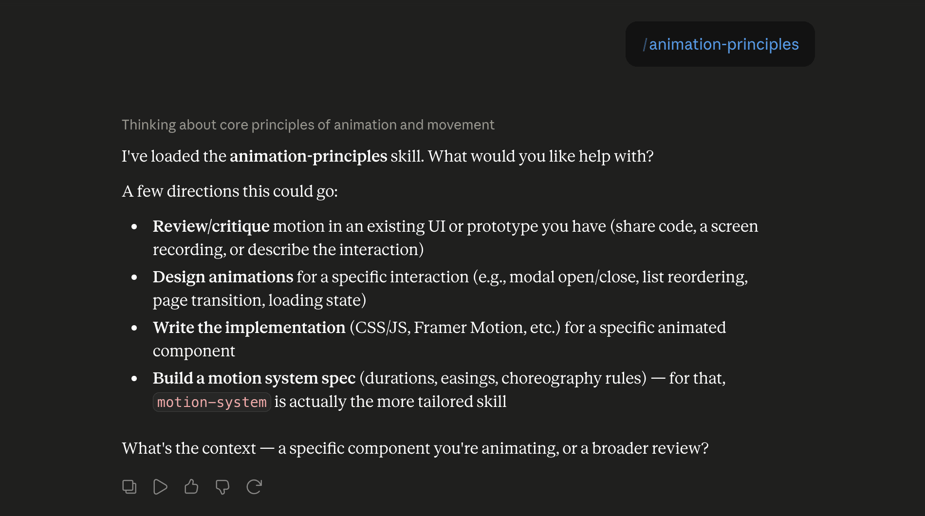 Step 6: Run the animation-principles skill in Claude