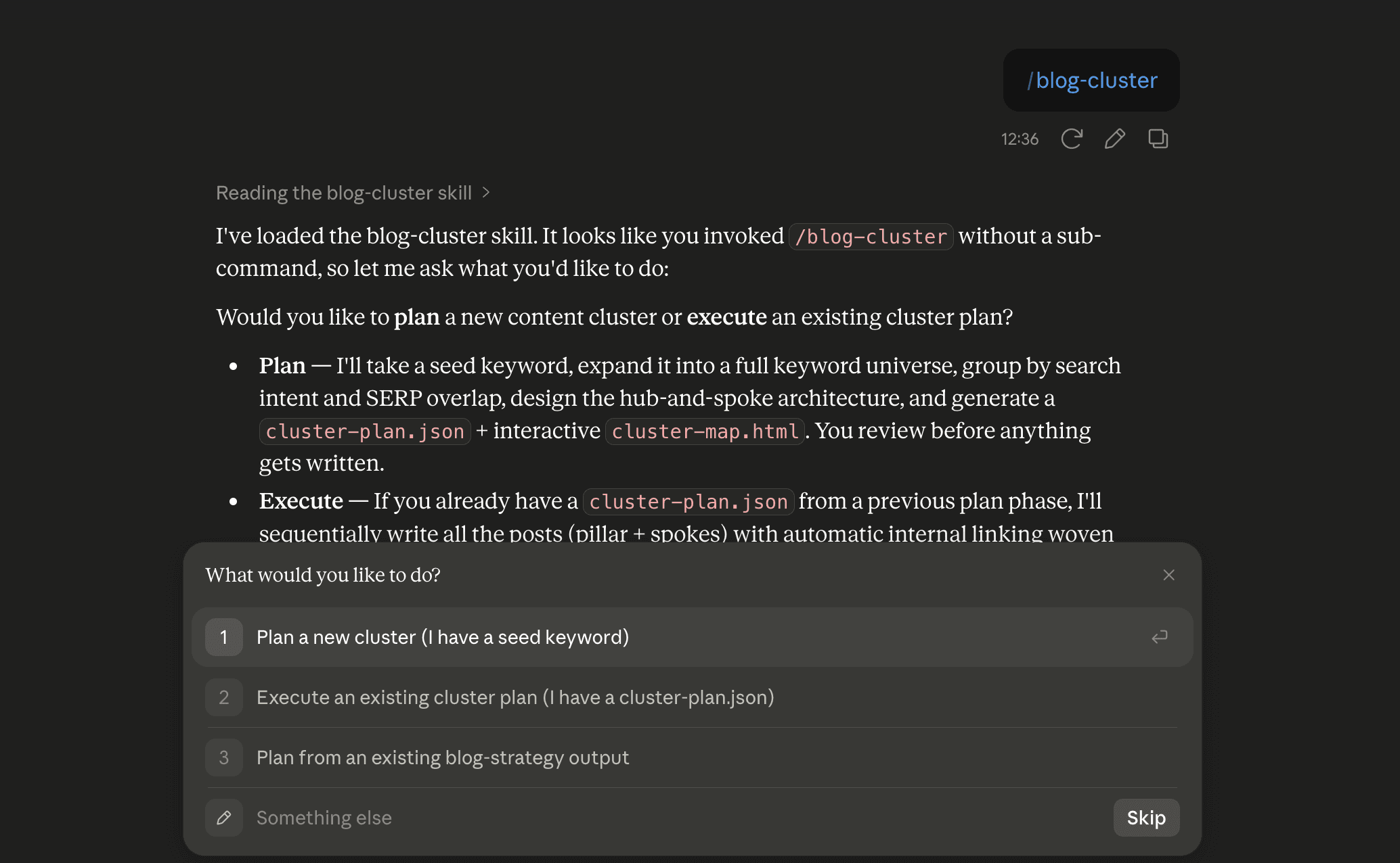 Step 6: Run the blog-cluster skill in Claude