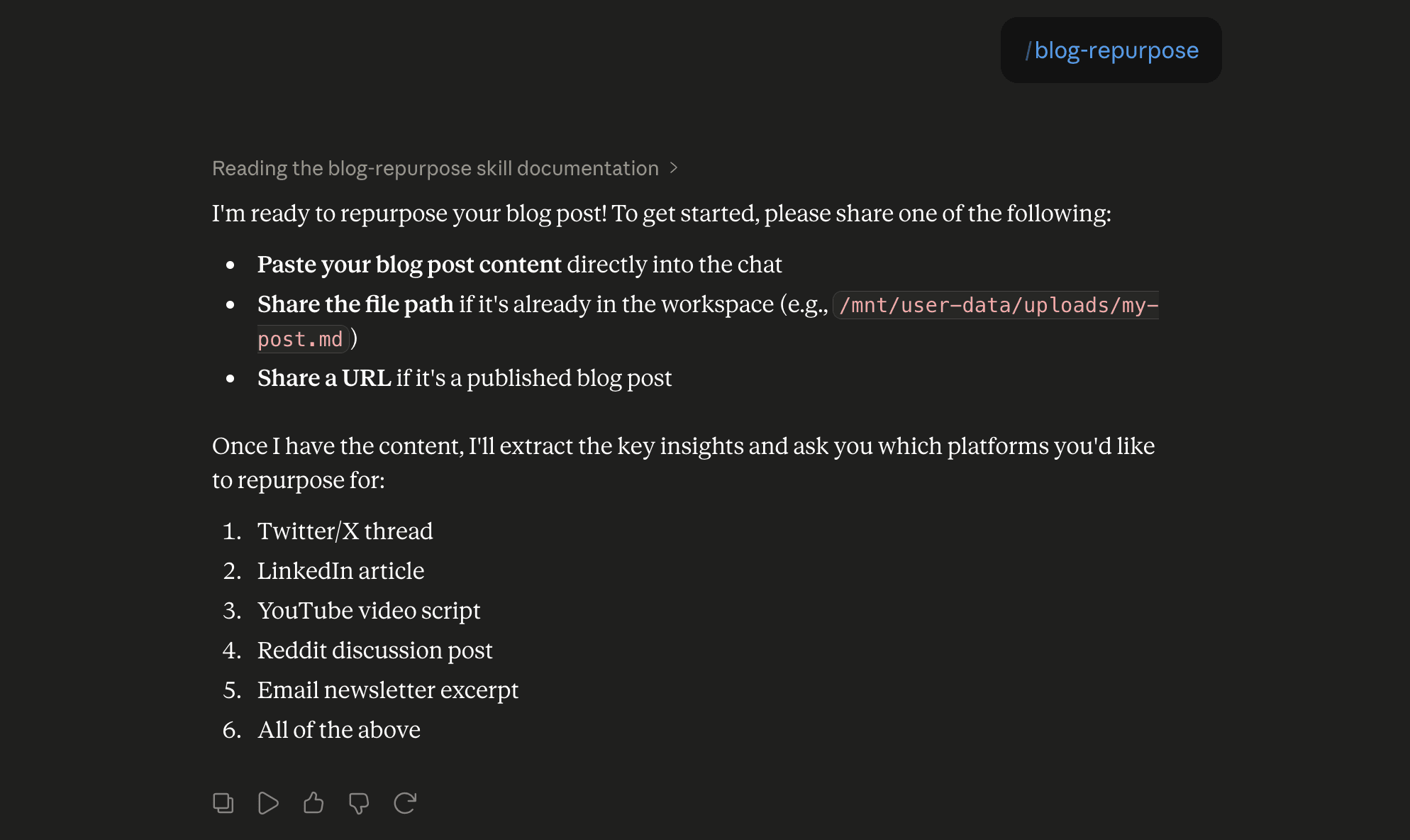 Step 6: Run the blog-repurpose skill in Claude