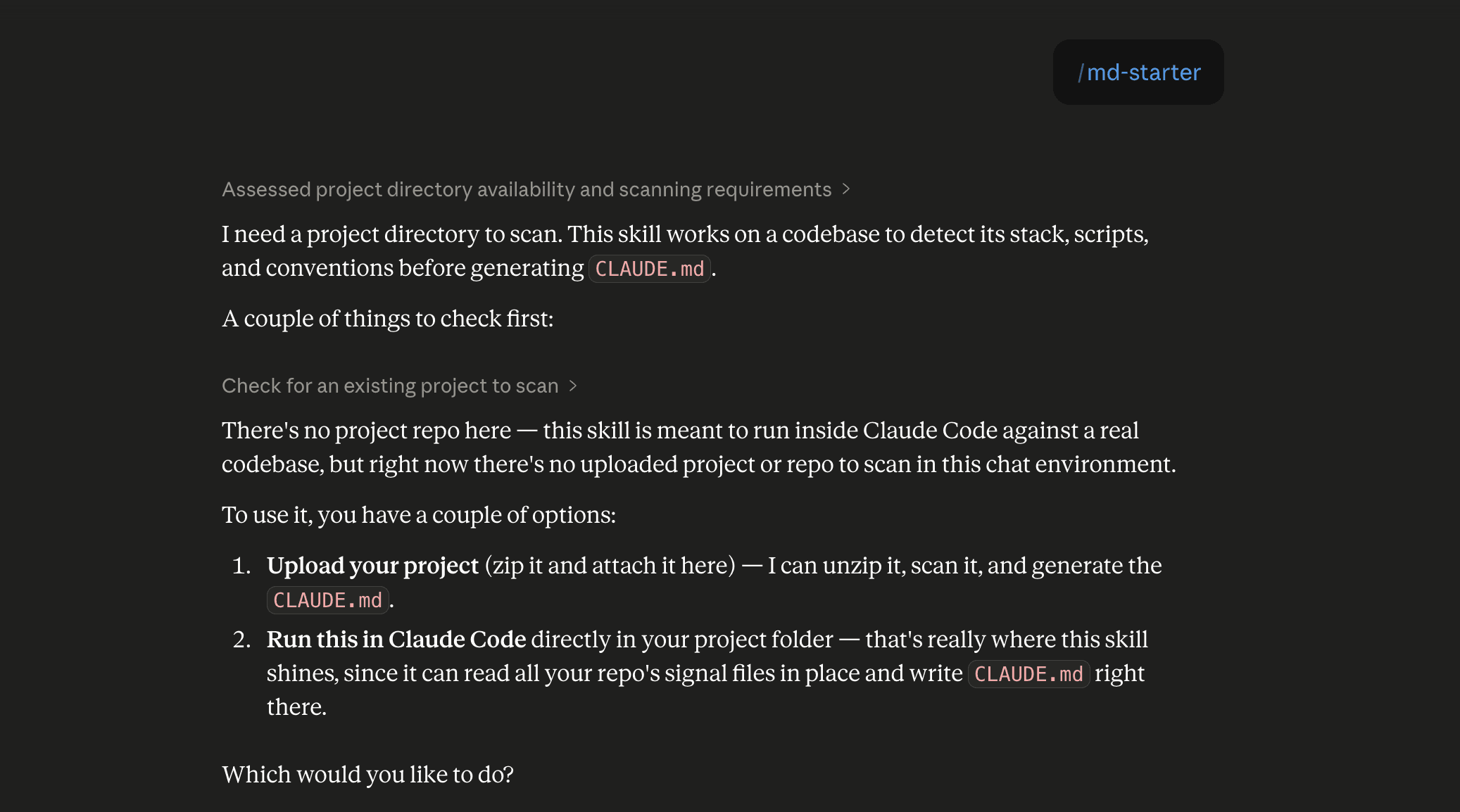 Step 6: Run the claude-md-starter skill in Claude