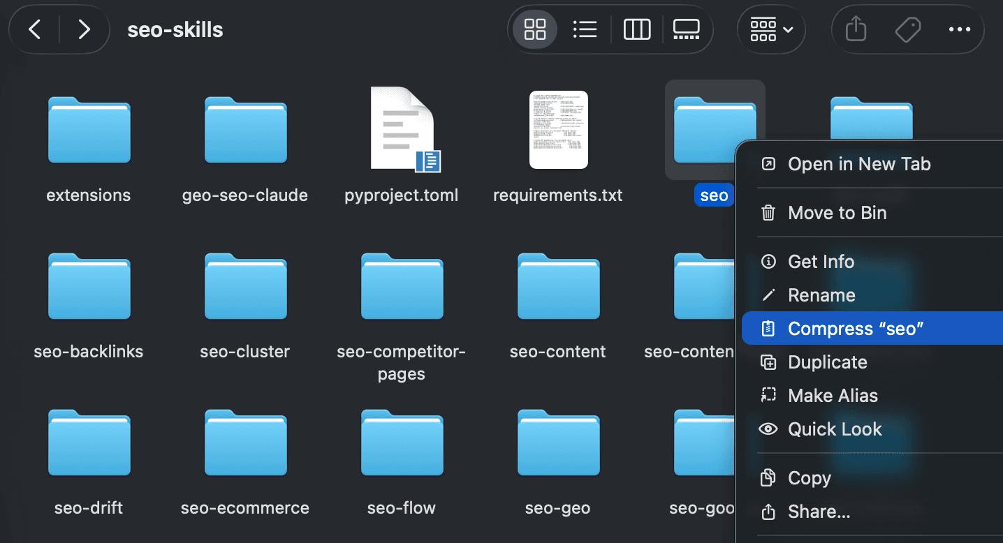 Step 3: Navigate to skill folder and compress it