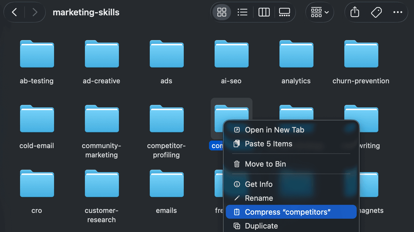 Step 3: Navigate to skill folder and compress it