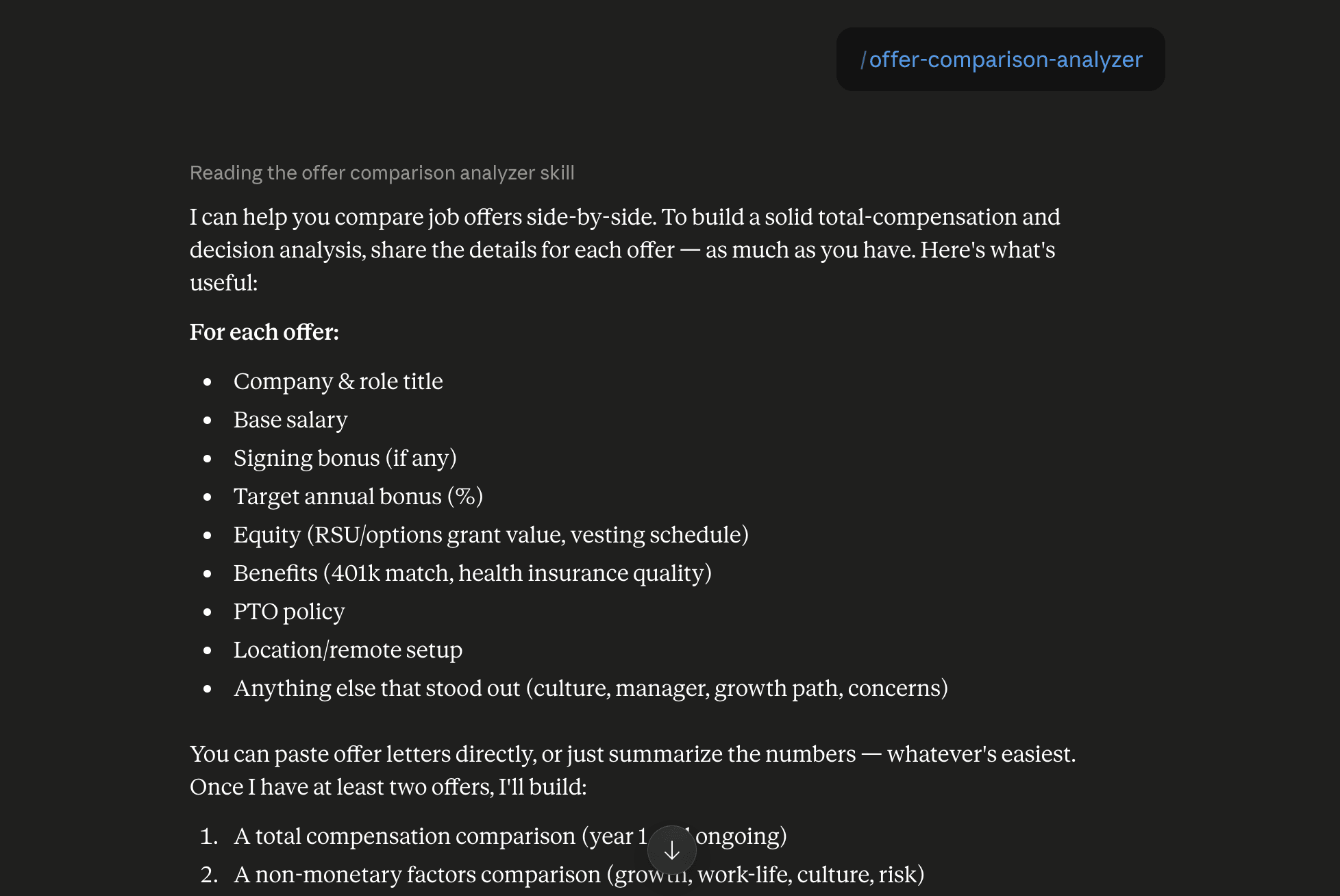 Step 6: Run the offer-comparison-analyzer skill in Claude