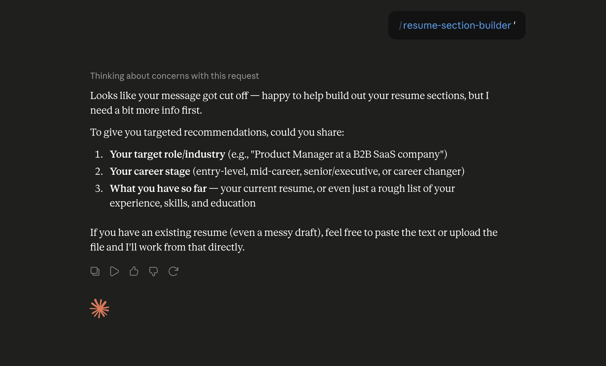 Step 6: Run the resume-section-builder skill in Claude
