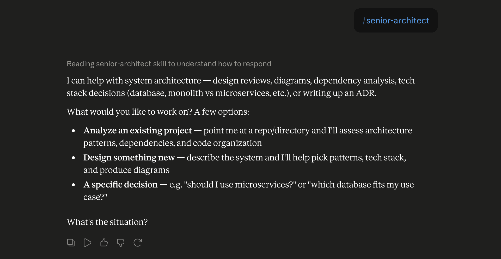 Step 6: Run the senior-architect skill in Claude
