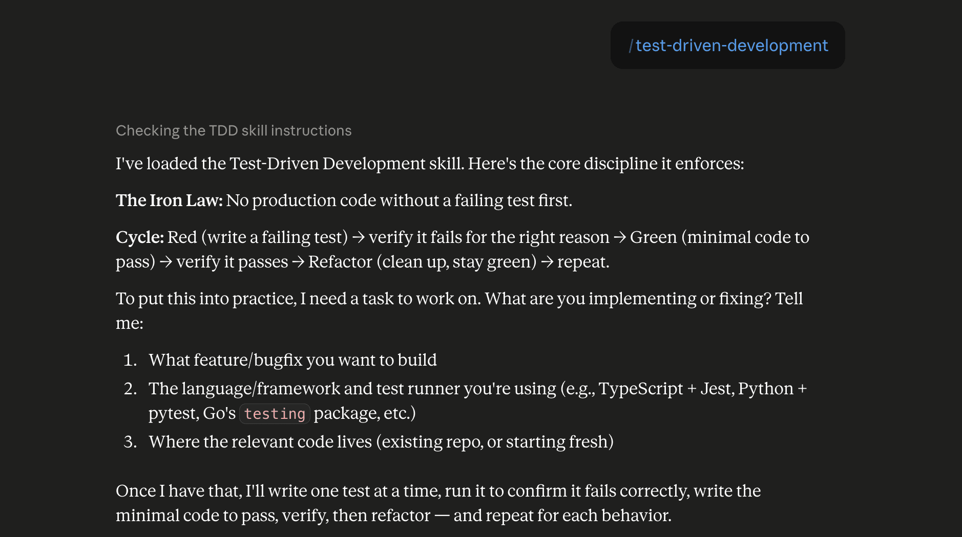 Step 6: Run the test-driven-development skill in Claude