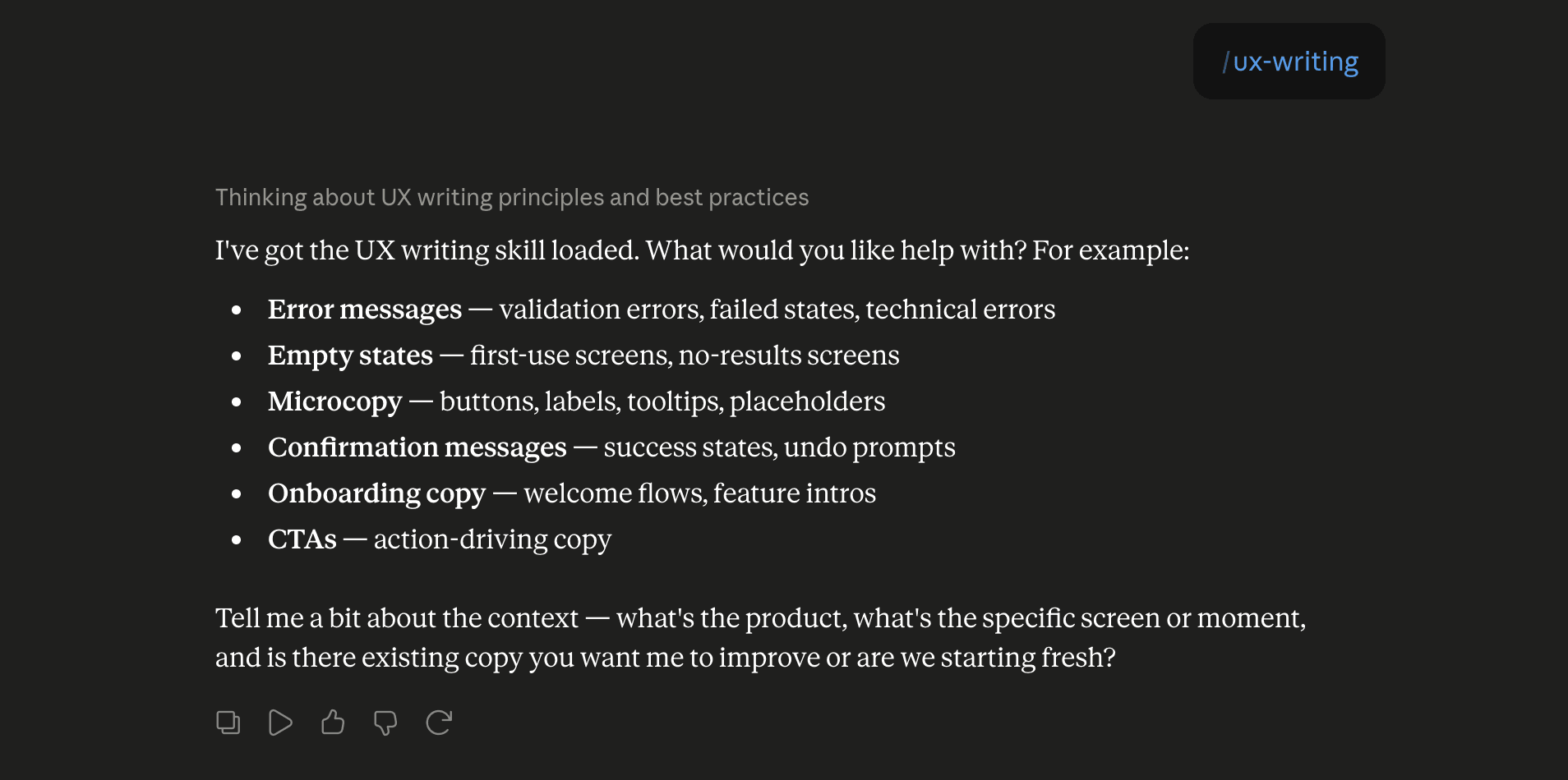 Step 6: Run the ux-writing skill in Claude