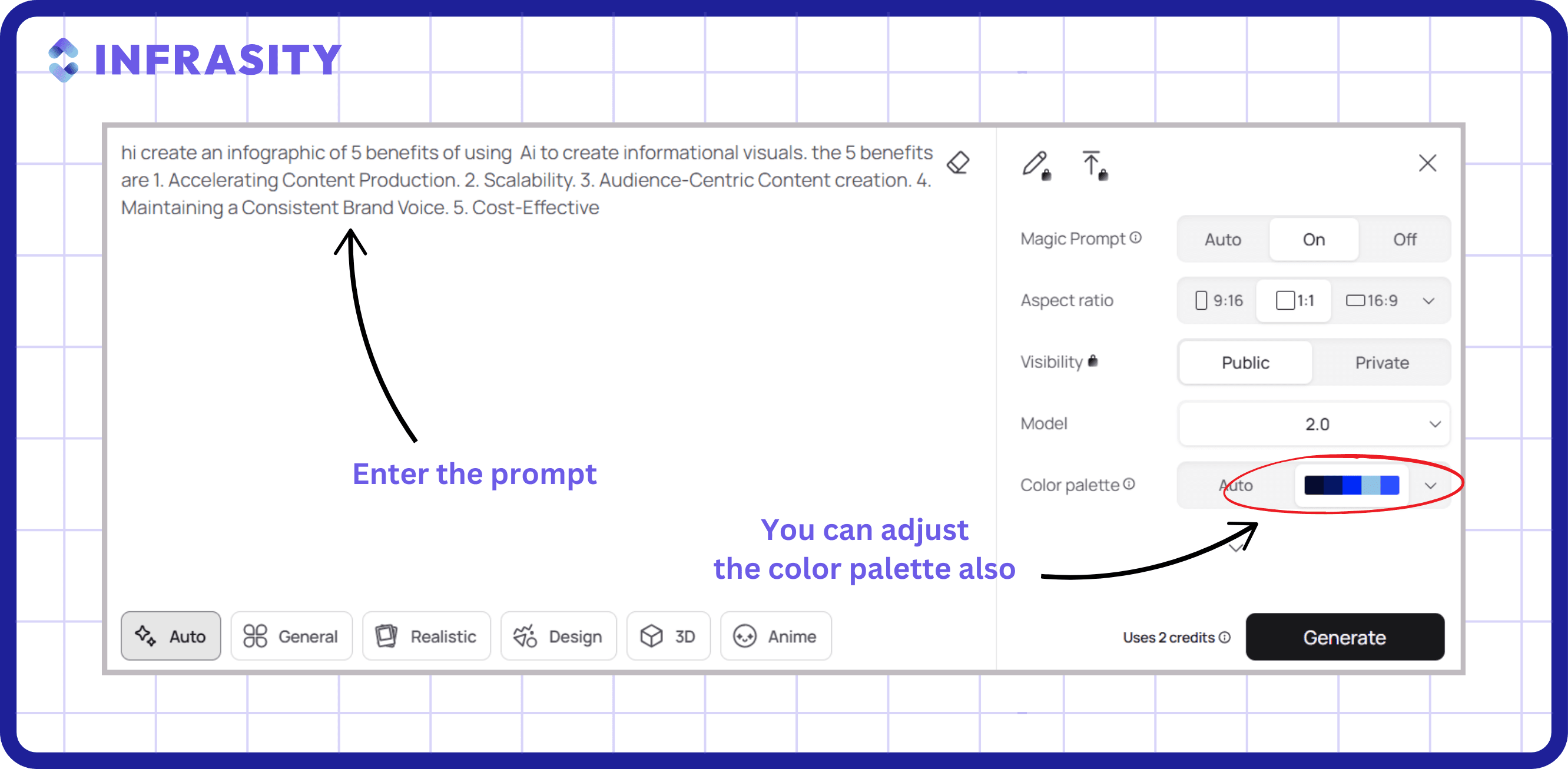 feed the prompt and choose the colour palette